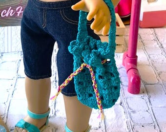 Turquoise hand-crochet bucket bag made for dolls