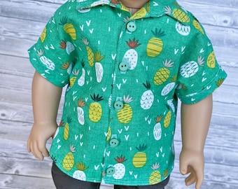 18 Inch Doll Shirt – Teal Pineapple Cotton Button-Up
