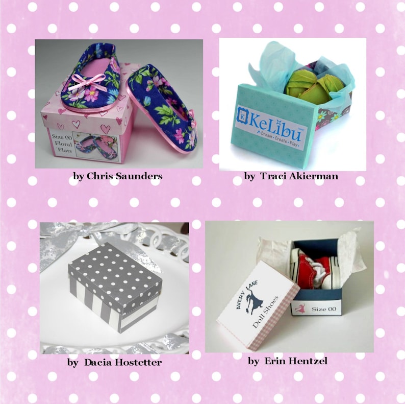 May include: Four miniature shoe boxes with different designs. The boxes are all open and show the shoes inside. The first box is blue with white polka dots and pink flowers, the second box is light blue with a white label that says "KeLibu Dream-Create-Play", the third box is gray with white polka dots and white stripes, and the fourth box is white with a brown label that says "SVERY LANE Doll Shoes" and "Size 00".