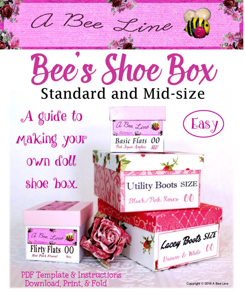 May include: A guide to making doll shoe boxes in standard and mid-sizes. The image shows three shoe boxes with different designs and labels: "Basic Flats 00", "Utility Boots SIZE Black/Pink Roses 00", and "Lacey Boots SIZE Brown & White 00".