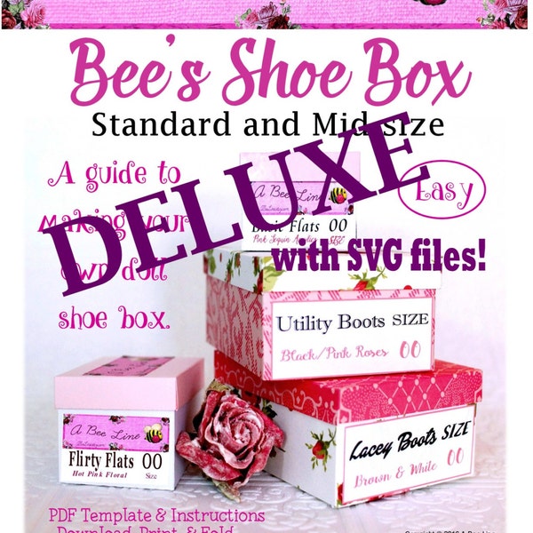 Bee's Shoe Box Deluxe with SVGs - Standard and Mid-size doll shoe box PDF guide, PNG and SVG cut files for 18" dolls