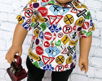 Traffic sign button up shirt oversize for 18 inch dolls