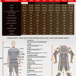 May include: Men's motorbike suit size chart, with measurements in centimetres. Includes chest, waist, hips, full length, shoulder, collar, cuff, sleeve, knee, elbow, inseam, and thigh measurements. Also shows how to measure each body part.