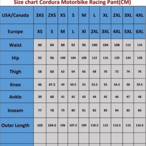 Może przedstawiać: Tabela rozmiar&oacute;w spodni do wyścig&oacute;w motocyklowych Cordura, z wymiarami w centymetrach. Zawiera wymiary talii, bioder, uda, kolana, kostki, długości wewnętrznej nogawki i długości zewnętrznej dla rozmiar&oacute;w od 3XS do 4XL.