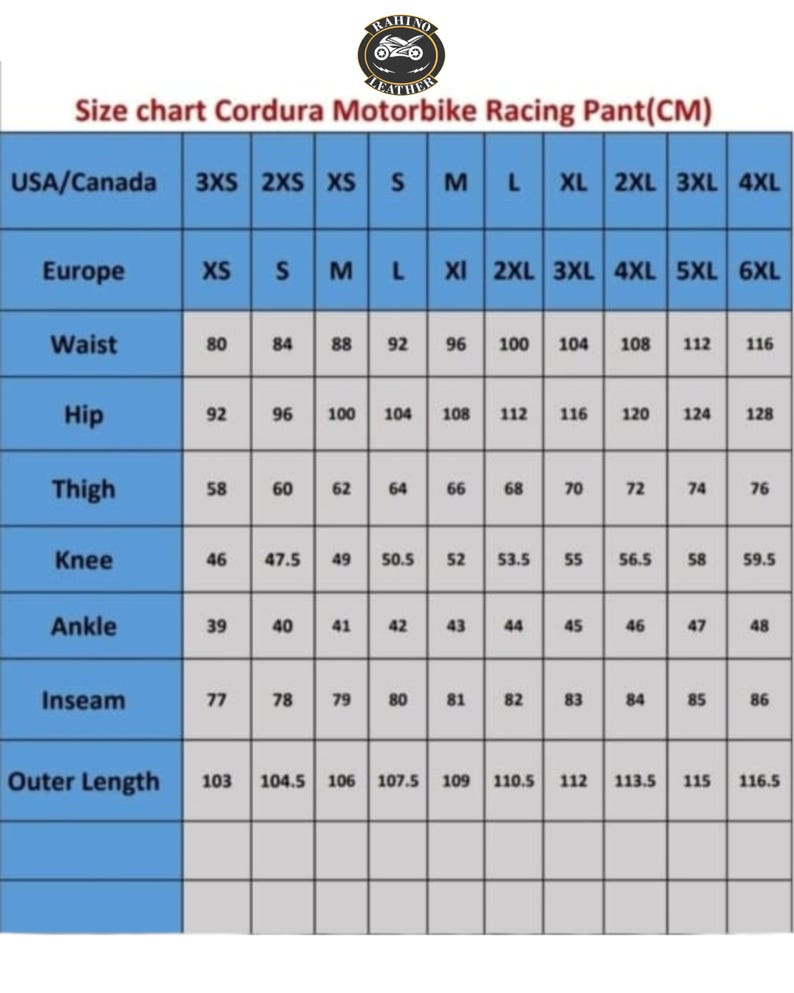 Może przedstawiać: Tabela rozmiar&oacute;w spodni do wyścig&oacute;w motocyklowych Cordura, z wymiarami w centymetrach. Zawiera wymiary talii, bioder, uda, kolana, kostki, długości wewnętrznej nogawki i długości zewnętrznej dla rozmiar&oacute;w od 3XS do 4XL.