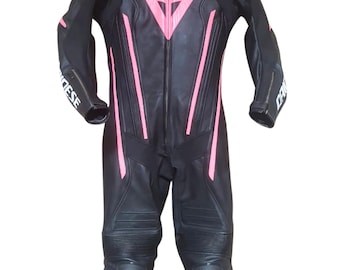 Dainese Women's Pink Black Leather One-Piece Racing Motorcycle Suit