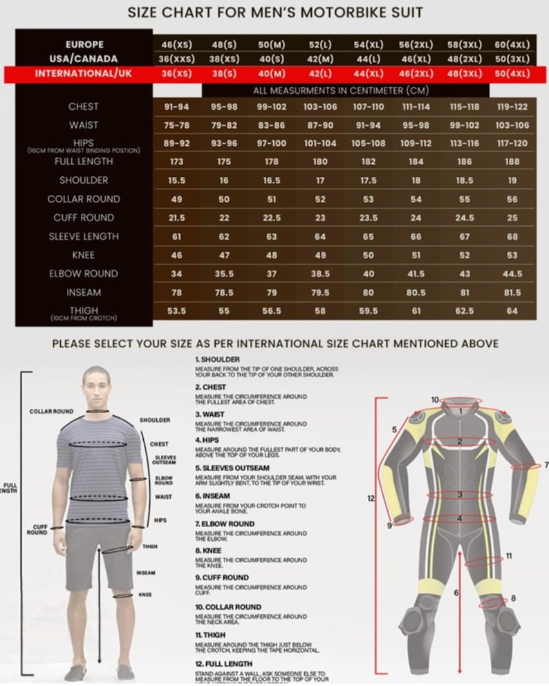 Puede incluir: Tabla de tallas para trajes de moto para hombre, con medidas en cent&iacute;metros. Incluye pecho, cintura, caderas, largo total, hombro, cuello, pu&ntilde;o, manga, rodilla, codo, entrepierna y muslo.