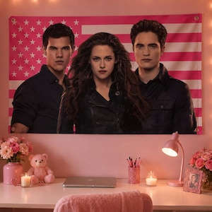 May include: A pink and white flag-style wall hanging with three people. The room is decorated in pink, with a desk, lamp, and other accessories. A laptop, candles, and flowers are on the desk. Fairy lights and a pink teddy bear add to the decor.