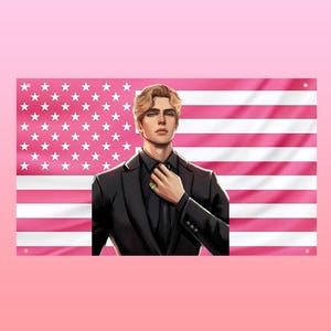 Könnte beinhalten: Ein rechteckiges Wandbanner mit einer stilisierten Illustration einer Person mit blondem Haar, die einen schwarzen Anzug und eine Krawatte trägt, vor dem Hintergrund einer rosa-weißen amerikanischen Flagge mit weißen Sternen in der oberen linken Ecke.