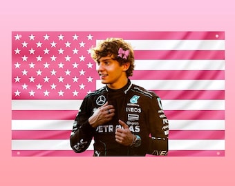 Drapeau Kimi Antonelli F1 - Adorable pilote de Formule 1 Kawaii Drapeau des Etats-Unis rose Décoration de salle de course esthétique Frat Dorm