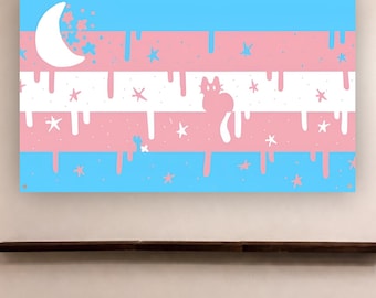 Tapisserie de chat mignon drapeau trans – Décoration murale drapeau de la fierté pastel esthétique, étoiles de la lune Kawaii, décoration fraternité de dortoir LGBTQ
