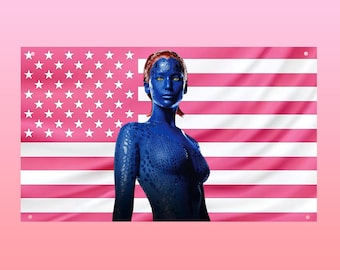 Mystique X-Men Flag, Blue Mutant Tapestry, Pink American Flag Wall Decor, Aesthetic Hot Girl Frat Room Dorm Decor