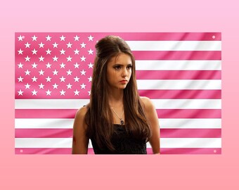 Elena Gilbert Flag, Vampire Diaries Inspired Tapestry, Nina Dobrev Aesthetic Wall Decor, Pink American Flag Frat Dorm