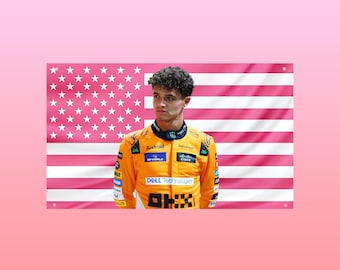 Tapisserie rose drapeau américain Lando Norris – Art mural Formula Racing | Décoration de la chambre des fans de sport automobile | Bannière drapeau pilote de course