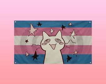 Drapeau de chat trans | Drapeau mural de fierté trans | Tapisserie mignonne icône trans | Décoration mème chat LGBTQ+ | Décoration murale Salle des fiertés