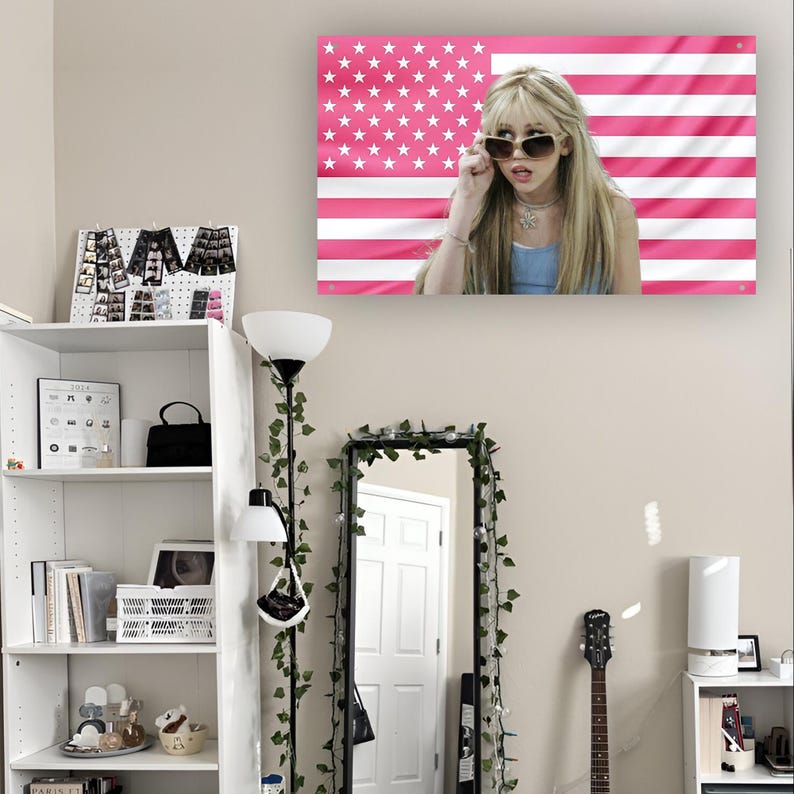 May include: A framed wall art piece featuring a woman wearing sunglasses, set against a pink and white American flag background. The artwork is mounted on a beige wall, with a mirror, guitar, and shelving unit visible.