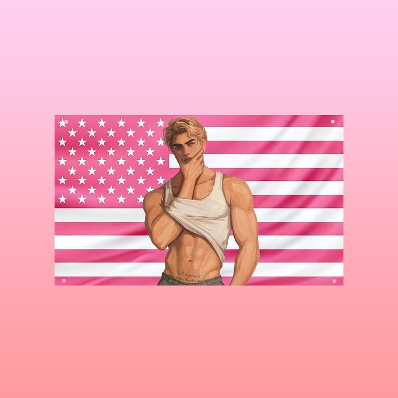 May include: Illustration of a muscular person with blonde hair, wearing a white tank top, posing in front of a pink American flag. The flag has white stars and pink stripes. The person is touching their face with one hand.