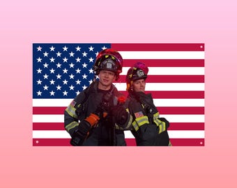 9-1-1 Buddie Flag | Evan Buckley & Eddie Diaz Wall Art | Pink American Flag | Firefighter Dorm and Frat Decor