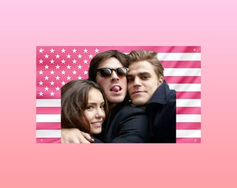 Elena Stefan Damon Flag – Pink Vampire Diaries Wall Tapestry, Cute TVD Trio Decor