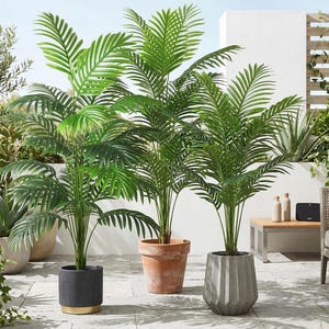 May include: Three artificial palm trees in decorative pots. The trees have lush green fronds and are in a black, terracotta, and grey pot. The scene is set on a patio with other plants and outdoor furniture.