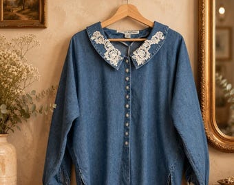 Vintage Absolutely Atlast Denim Shirt M Cotton Lace Collar Embroidered Cottage