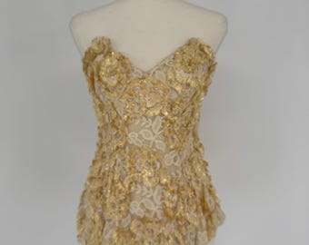 Vintage Floral Corset Top Womens S Gold Lace Applique Strapless Coquette Glam