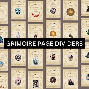 Könnte beinhalten: Eine Sammlung von Grimoire-Seitentrennern mit verschiedenen Themen, darunter Witchy Self Care und Working with Angels. Jede Karte hat dekorative Ränder und Illustrationen, mit dem Text "GRIMOIRE PAGE DIVIDERS" in einem schwarzen Banner.