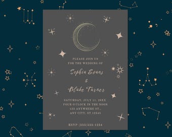 May include: Wedding invitation with a celestial theme. The invitation features a crescent moon and stars on a dark gray background. The names Sophia Evans and Blake Turner are displayed, along with the wedding date, time, and location.