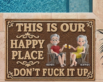 Personalized Our Happy Place Doormat, Funny Welcome Mat, Coir Outdoor Rug, Housewarming Gift