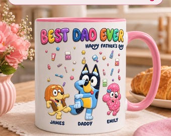 Custom Best Dad Ever Bluey Dad 3D Inflated Effect Mug, Bluey and Bingo Family Ceramic Mug, Father's Day Keepsake, From Kids, Drinkware Gift