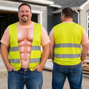 May include: A short-sleeve t-shirt featuring a realistic printed six-pack abdominal muscle design on the front, paired with a neon yellow high-visibility safety vest overlay with two horizontal reflective silver stripes and blue denim jeans.