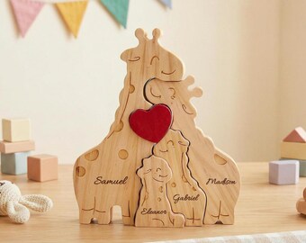 Rompecabezas de madera personalizado con forma de jirafa, rompecabezas con nombre familiar grabado, regalo para inauguración de casa, recuerdo para bebé, regalo para el Día de la Madre, decoración del hogar.