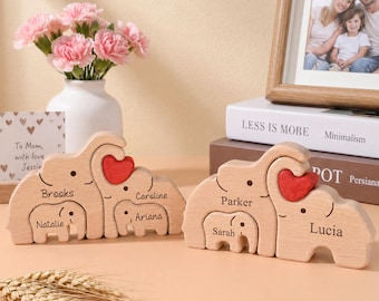 Rompecabezas de madera personalizado de la familia de elefantes, regalo personalizado para el Día de la Madre con nombres grabados, decoración para el hogar, rompecabezas para padres y bebés, recuerdo.