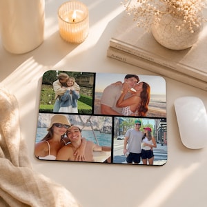May include: A rectangular mouse pad featuring a collage of four distinct photographs. The images display various couples in outdoor settings, including a garden, a beach at sunset, a boat on the water, and a city street, capturing candid moments.