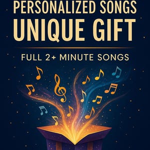 May include: An illustration of a purple gift box with musical notes bursting out. The text reads "PERSONALIZED SONGS UNIQUE GIFT" and "FULL 2+ MINUTE SONGS". The BrainTickleMusic logo is at the top.