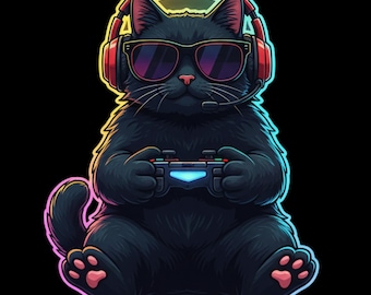 Gamer-kat, png-bestand | Grappig ontwerp met zwarte kat (digitale download)