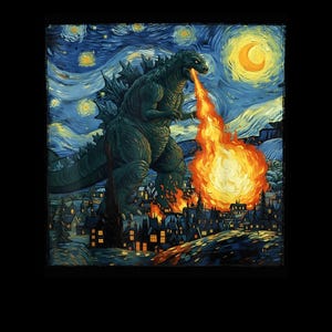 Può includere: Dipinto digitale di Godzilla che sputa fuoco su una città, ambientato su uno sfondo di cielo stellato con una luna a mezzaluna. L'opera d'arte è nello stile di Van Gogh, con pennellate vorticose e colori vivaci.