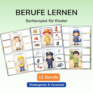 May include: Children's educational sorting game with illustrations of different jobs. The game includes cards with images of a baker, firefighter, postal worker, police officer, construction worker, and veterinarian. The text on the game says "Learn Professions".