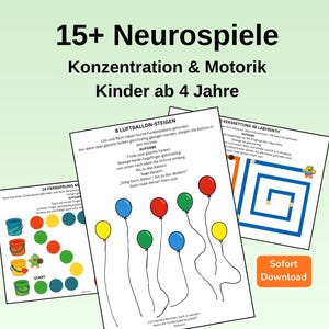 Könnte beinhalten: Eine Sammlung druckbarer Lernspiele für Kinder ab 4 Jahren. Das Bild zeigt mehrere Arbeitsblätter mit farbenfrohen Illustrationen, darunter ein Spiel mit Luftballons, ein Labyrinth und eine Farbanpassungsübung. Der Text lautet "15+ Neurospiele", was "15+ Neurospiele" bedeutet.