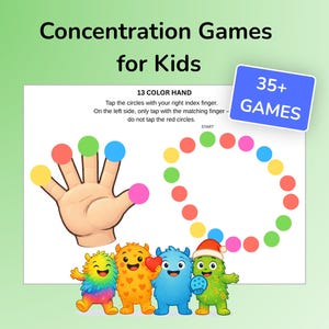 Könnte beinhalten: Ein Konzentrationsspiel für Kinder mit dem Text "Concentration Games for Kids". Das Spiel zeigt eine Hand mit farbigen Kreisen, einen Kreis aus farbigen Punkten und vier Cartoon-Monstern. Das Spiel ist für Kinder im Alter von 4-7 Jahren und hat über 35 Spiele.