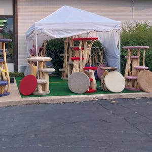 Può includere: Esposizione di diversi tiragraffi per gatti con più livelli e piattaforme. I tiragraffi sono realizzati in legno naturale e hanno piattaforme rotonde ricoperte da vari colori, tra cui blu, rosso e beige. L'esposizione è allestita sotto una tenda bianca.