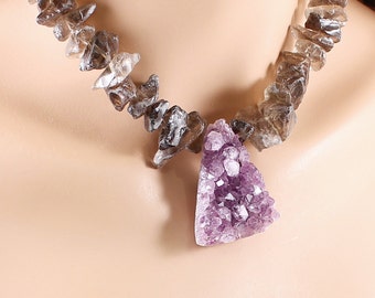 Rough stone necklace amethyst druzy jewelry Smoky quartz raw crystal Chunky