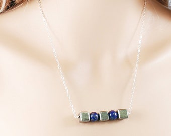 Pyrite and lapis lazuli necklace for women Sterling silver chain Blue balls Gray cubes Geometric modern