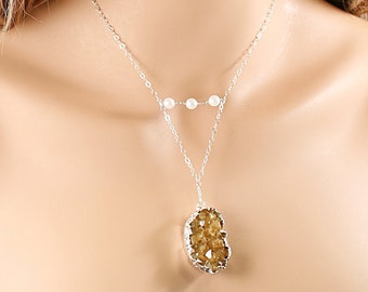 Raw citrine necklace sterling silver chain Druzy pendant necklace for women Pearls