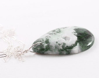 Long necklace with stone pendant Sterling silver chain Moss agate natural gemstone For women