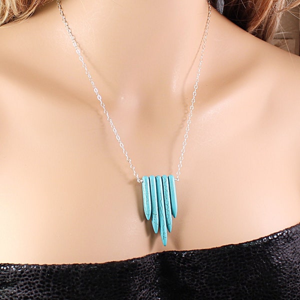 Howlite turquoise necklace for women Sterling silver spike necklace Blue stones