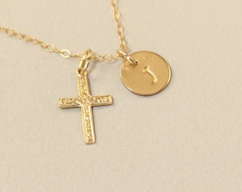 Personalized cross necklace Gold filled initial cross necklace women, men Religious gift Engraved disc one, two, goddaughter