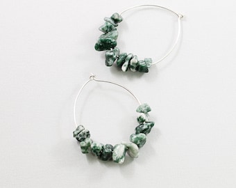 Green gemstone hoop earrings sterling silver 925 Agate stone earrings for women