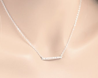 Slim bar necklace Sterling silver chain Hammered narrow rectangle pendant for women