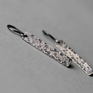 Long textured rectangle earrings Sterling silver Oxidized Dark Rustic look